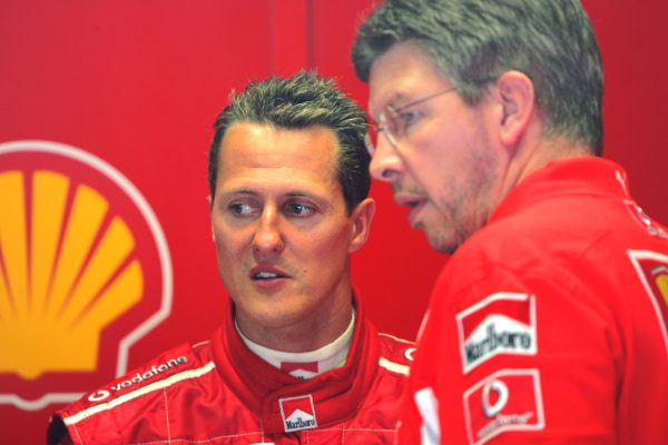 (L to R): Michael Schumacher (GER) Ferrari and Ross Brawn (GBR) technical director of Ferrari. Formula 1 Testing, Monza, Italy, 24-26 August 2005. DIGITAL IMAGE