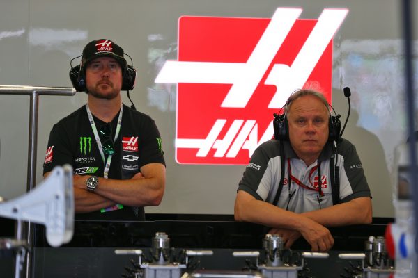 Formula One World Championship 2016, Round 8, European Grand Prix, Baku, Azerbaijan, Saturday 18 June 2016 - Kurt Busch (USA) NASCAR Driver in the Haas F1 Team pit garage with Gene Haas (USA) Haas Automotion President.