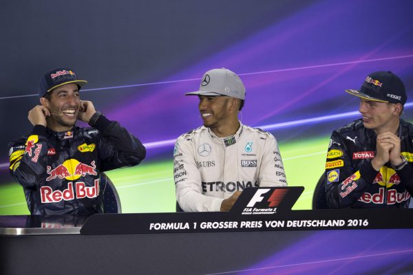 www.sutton-images.com Daniel Ricciardo (AUS) Red Bull Racing, Lewis Hamilton (GBR) Mercedes AMG F1 and Max Verstappen (NED) Red Bull Racing in the Press Conference at Formula One World Championship, Rd12, German Grand Prix, Race, Hockenheim, Germany, Sunday 31 July 2016.