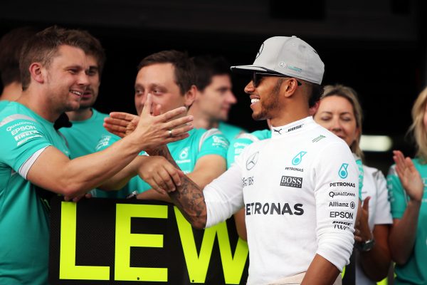 Formula One World Championship 2016, Round 12, German Grand Prix, Hockenheim, Germany, Sunday 31 July 2016 - Race winner Lewis Hamilton (GBR) Mercedes AMG F1 celebrates with the team.