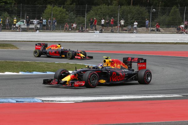 www.sutton-images.com Max Verstappen (NED) Red Bull Racing RB12 and Daniel Ricciardo (AUS) Red Bull Racing RB12 at Formula One World Championship, Rd12, German Grand Prix, Race, Hockenheim, Germany, Sunday 31 July 2016. BEST IMAGE