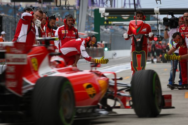 www.sutton-images.com Kimi Raikkonen (FIN) Ferrari SF15-T pit stop at Formula One World Championship, Rd15, Russian Grand Prix, Practice, Sochi Autodrom, Sochi, Krasnodar Krai, Russia, Friday 9 October 2015.