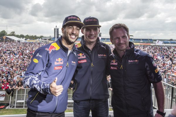 www.sutton-images.com Daniel Ricciardo (AUS) Red Bull Racing, Max Verstappen (NED) Red Bull Racing and Christian Horner (GBR) Red Bull Racing Team Principal at the British Grand Prix Party at Formula One World Championship, Rd10, British Grand Prix, Race, Silverstone, England, Sunday 10 July 2016. BEST IMAGE