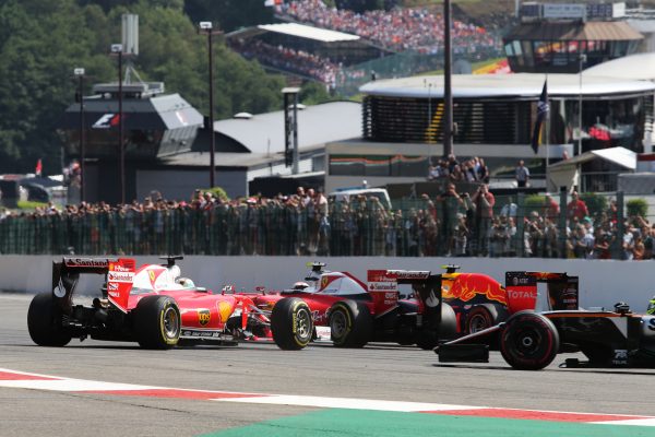 Formula One World Championship 2016, Round 13, Belgian Grand Prix, Francorchamps, Belgium, Sunday 28 August 2016 - Sebastian Vettel (GER) Ferrari SF16-H spins alongside team mate Kimi Raikkonen (FIN) Ferrari SF16-H at the start of the race.