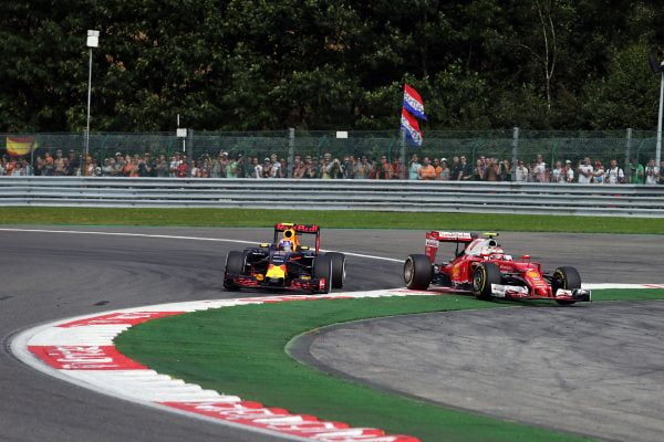 Formula One World Championship 2016, Round 13, Belgian Grand Prix, Francorchamps, Belgium, Sunday 28 August 2016 - Max Verstappen (NLD) Red Bull Racing RB12 and Kimi Raikkonen (FIN) Ferrari SF16-H battle for position.