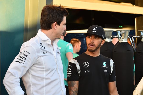 www.sutton-images.com Toto Wolff (AUT) Mercedes AMG F1 Director of Motorsport and Lewis Hamilton (GBR) Mercedes AMG F1 at Formula One World Championship, Rd1, Australian Grand Prix, Race, Albert Park, Melbourne, Australia, Sunday 20 March 2016.