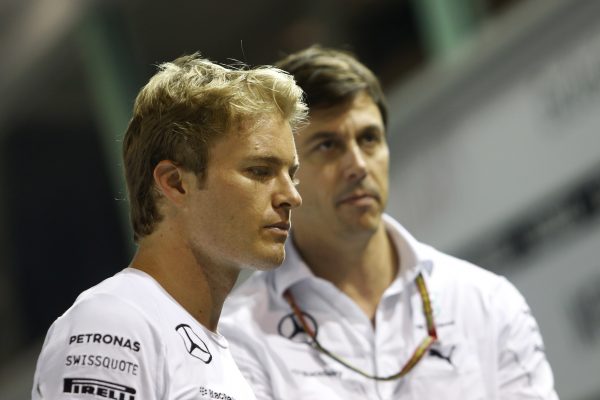 www.sutton-images.com Race retiree Nico Rosberg (GER) Mercedes AMG F1 and Toto Wolff (AUT) Mercedes AMG F1 Director of Motorsport. Formula One World Championship, Rd14, Singapore Grand Prix, Marina Bay Street Circuit, Singapore, Race Day, Sunday 21 September 2014.