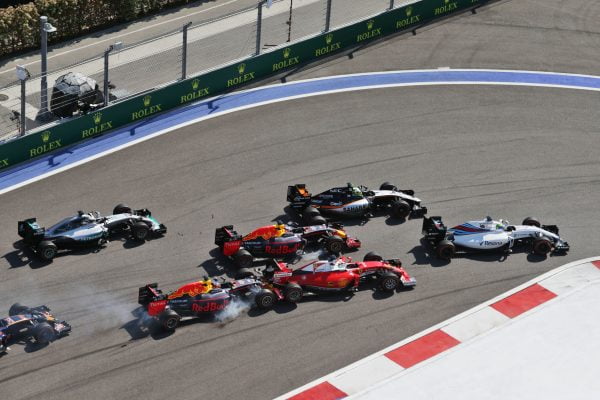 Formula One World Championship 2016, Round 4, Russian Grand Prix, Sochi, Russia, Sunday 1 May 2016 - Daniil Kvyat (RUS) Red Bull Racing RB12 crashes into Sebastian Vettel (GER) Ferrari SF16-H at the start of the race.