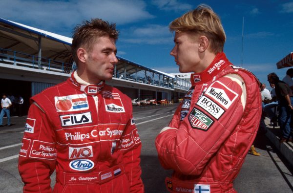 Jos Verstappen (NED) (left) was invited to test the Arrows FA14 and he met newly promoted McLaren race driver Mika Hakkinen (FIN). Formula One Testing, Estoril, Portugal, 27-29 September 1993.
