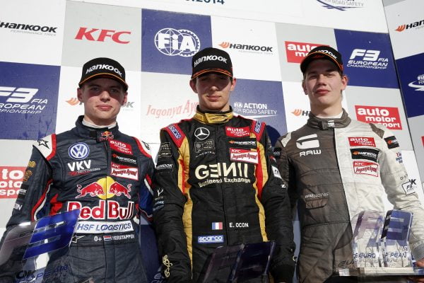 Rookie prize giving ceremony, 30 Max Verstappen (NLD, Van Amersfoort Racing, Dallara F312 - Volkswagen), 2 Esteban Ocon (FRA, Prema Powerteam, Dallara F312 - Mercedes), 15 Jules Szymkowiak (NLD, Van Amersfoort Racing, Dallara F312 - Volkswagen), FIA Formula 3 European Championship, round 11, race 2, Hockenheim (GER) - 17. - 19. October 2014