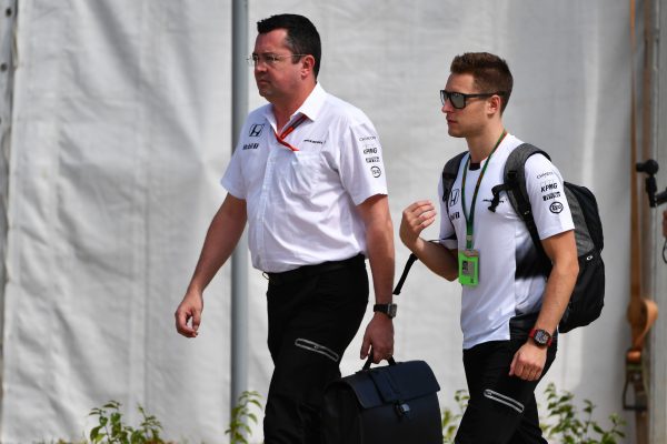 www.sutton-images.com Eric Boullier (FRA) McLaren Racing Director and Stoffel Vandoorne (BEL) McLaren at Formula One World Championship, Rd16, Malaysian Grand Prix, Race, Sepang, Malaysia, Sunday 2 October 2016.