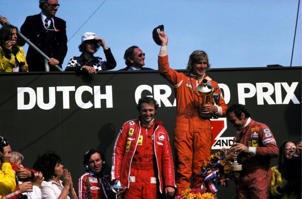 The podium (L to R): Niki Lauda (AUT) Ferrari, second; James Hunt (GBR) Hesketh, winner for the first time; Clay Regazzoni (SUI) Ferrari, third. Dutch Grand Prix, Zandvoort, 22 June 1975. BEST IMAGE