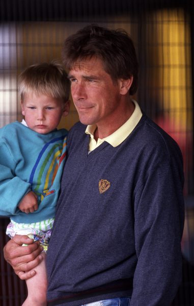 James Hunt (GBR) with his son Freddie Hunt (GBR). British Formula Three Championship, Silverstone, England, 7 May 1990.