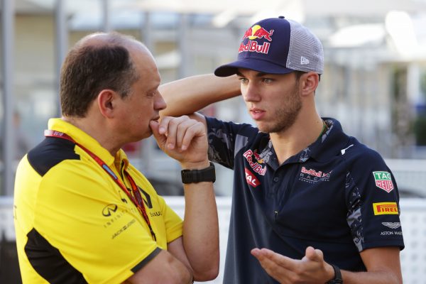 Formula One World Championship 2016, Round 18, United States Grand Prix, Austin, United States, Saturday 22 October 2016 - L to R): Frederic Vasseur (FRA) Renault Sport F1 Team Racing Director with Pierre Gasly (FRA) Red Bull Racing Third Driver.