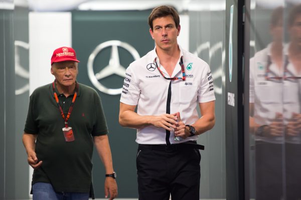 www.sutton-images.com Niki Lauda (AUT) Mercedes AMG F1 Non-Executive Chairman and Toto Wolff (AUT) Mercedes AMG F1 Director of Motorsport at Formula One World Championship, Rd13, Singapore Grand Prix, Qualifying, Marina Bay Street Circuit, Singapore, Saturday 19 September 2015.