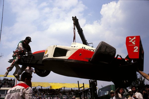 The damaged car of Ayrton Senna (BRA) McLaren Honda MP4/7A after a crash. Mexican Grand Prix, Mexico City, Mexico, 22 March 1992.