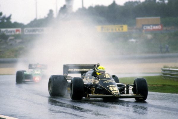 Ayrton Senna (BRA) Lotus 97T, dominated the race in appalling conditions to claim his first Grand Prix victory.  Portuguese Grand Prix, Rd2, Estoril, Portugal, 21 April 1985. BEST IMAGE