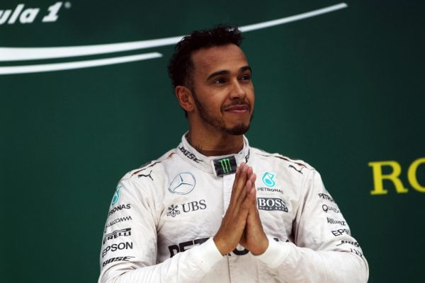 Formula One World Championship 2016, Round 20, Brazilian Grand Prix, Sao Paulo, Brazil, Sunday 13 November 2016 - Race winner Lewis Hamilton (GBR) Mercedes AMG F1 celebrates on the podium.