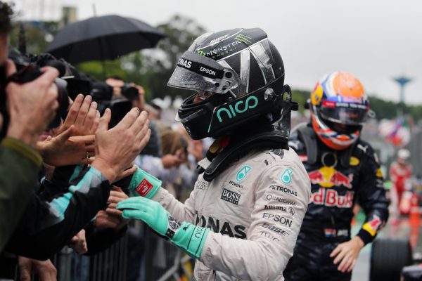 Formula One World Championship 2016, Round 20, Brazilian Grand Prix, Sao Paulo, Brazil, Sunday 13 November 2016 - Nico Rosberg (GER) Mercedes AMG F1 celebrates his second position with the team in parc ferme.