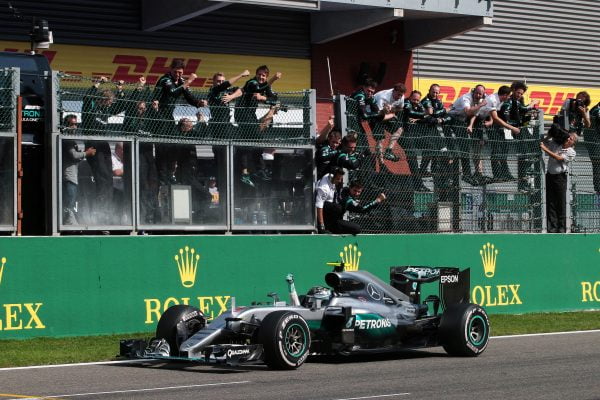 Formula One World Championship 2016, Round 13, Belgian Grand Prix, Francorchamps, Belgium, Sunday 28 August 2016 - Race winner Nico Rosberg (GER) Mercedes AMG F1 W07 Hybrid celebrates as he passes the team at the end of the race.