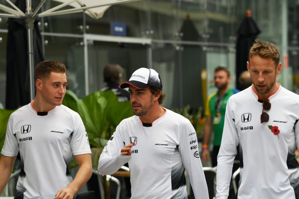 www.sutton-images.com Stoffel Vandoorne (BEL) McLaren, Fernando Alonso (ESP) McLaren and Jenson Button (GBR) McLaren at Formula One World Championship, Rd20, Brazilian Grand Prix, Practice, Interlagos, Sao Paulo, Brazil, Friday 11 November 2016.