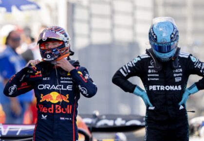 Max Verstappen en George Russell